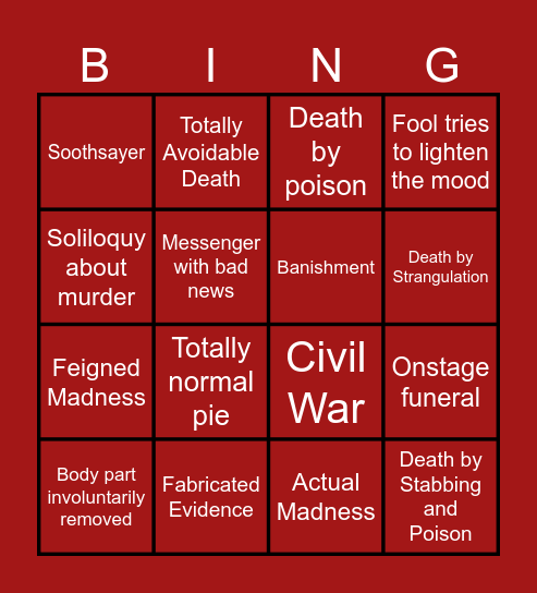 Shakespeare Tragedy Bingo Card