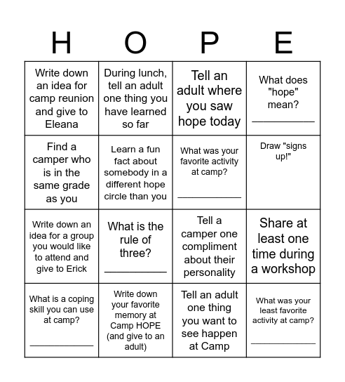 Camp HOPE Bingo! Bingo Card