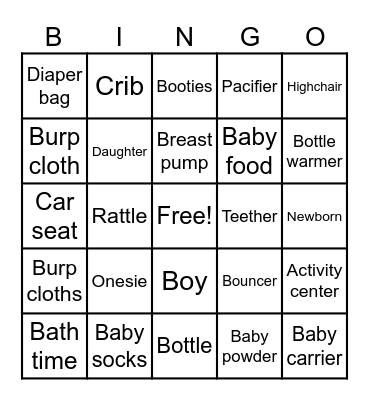 "Baby Shower" Bingo Card