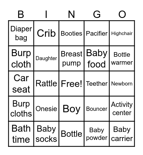 "Baby Shower" Bingo Card