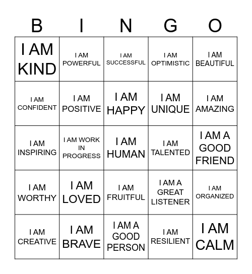 I AM STATEMENTS Bingo Card