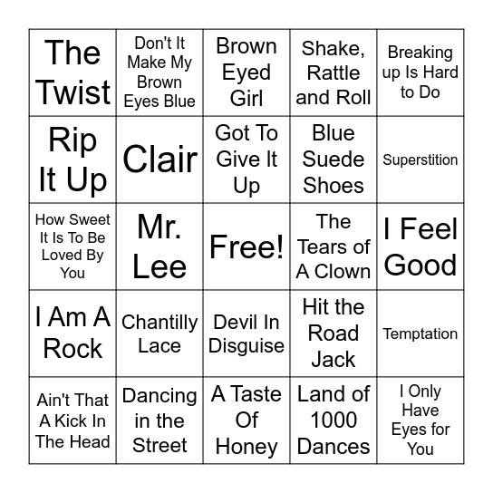 50's - 60's & 70's Oldies Bingo Card