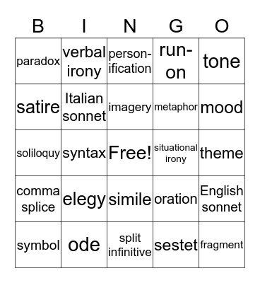 Mrs. Salter's Literary Terms Review Bingo Card