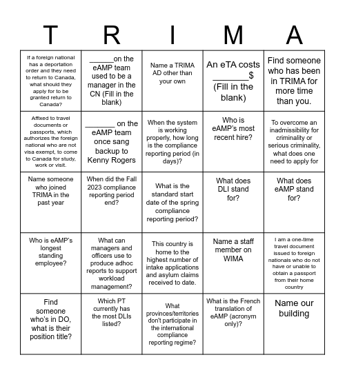 TRIMA BINGO Card