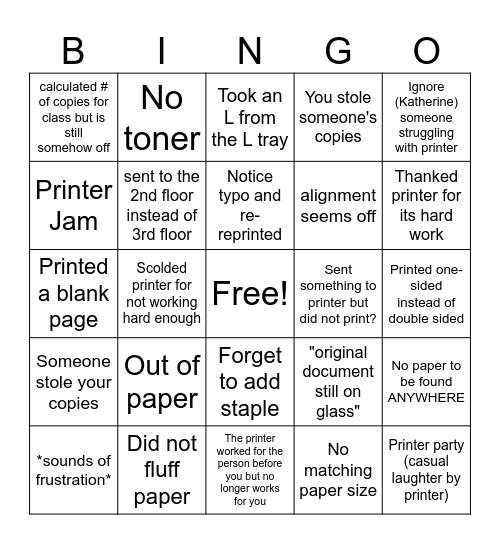 Printer Chronicles Bingo Card