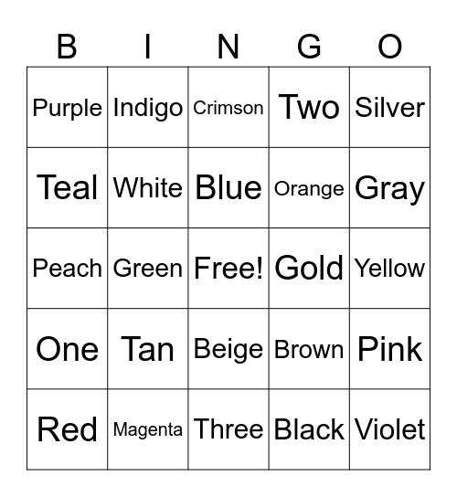 Colors and Numbers II Bingo Card