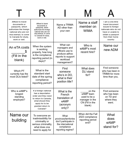 TRIMA BINGO Card