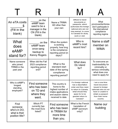 TRIMA BINGO Card