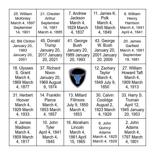 Blue Ox President Bingo Card
