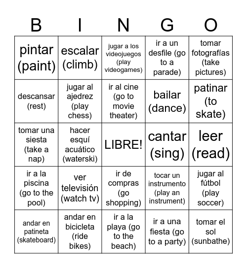 En mi tiempo libre(free time)_Spanish 1-2 Bingo Card