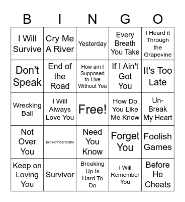 Breakup Songs - Part 2 Bingo Card