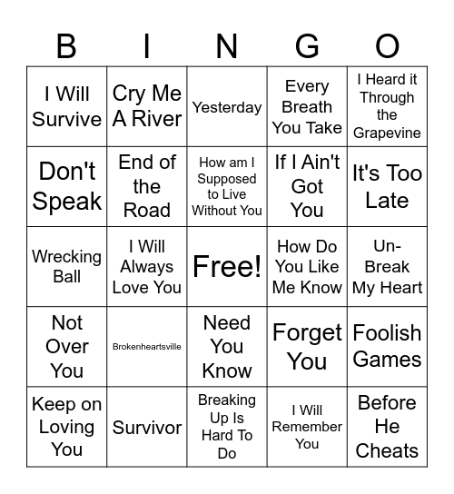 Breakup Songs - Part 2 Bingo Card