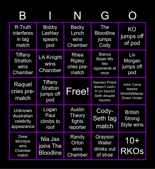 WWE Elimination Chamber BINGO Card