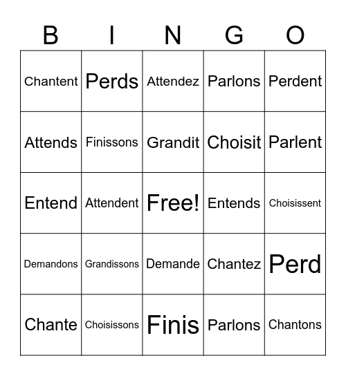 Verbs au Présent Bingo Card