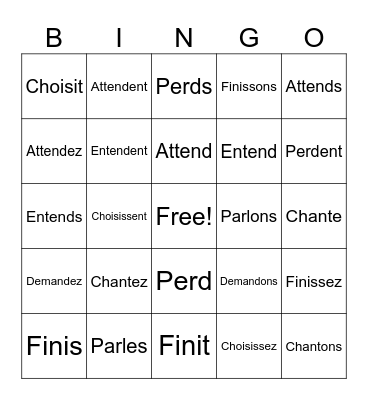 Verbs au Présent Bingo Card