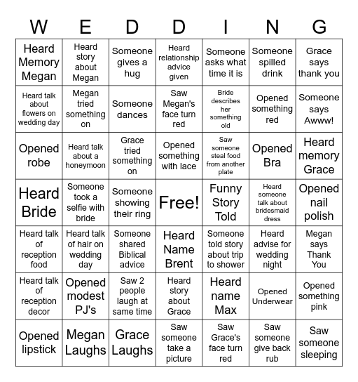 GRACE AND MEGAN SHOWER Bingo Card