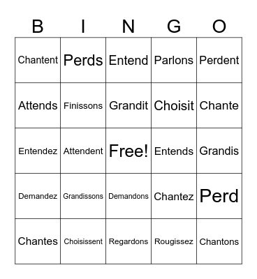 Verbs au Présent Bingo Card