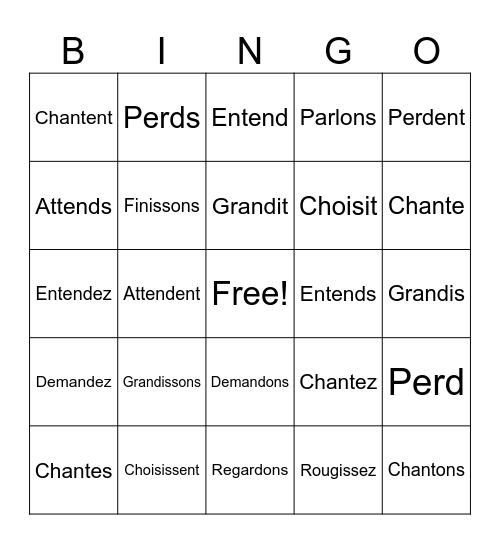 Verbs au Présent Bingo Card