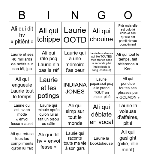 Ali & Laurie Bingo Card