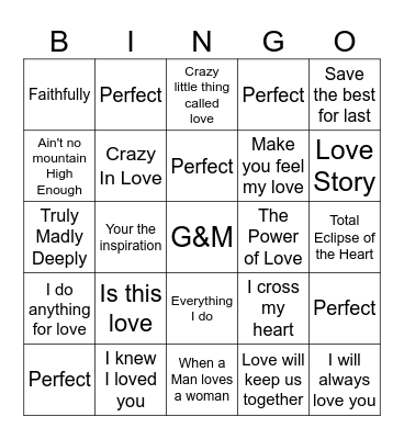 Love Songs Bingo Card