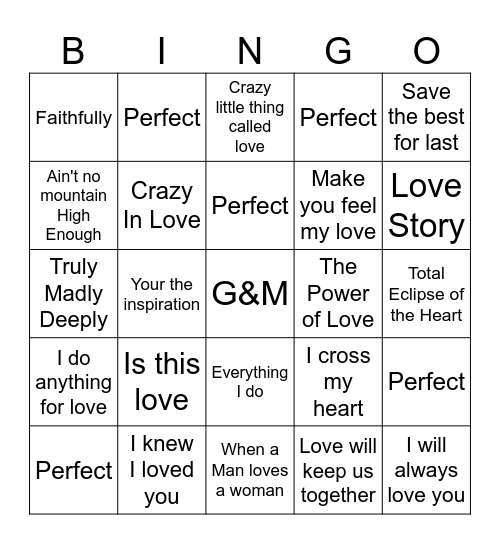 Love Songs Bingo Card