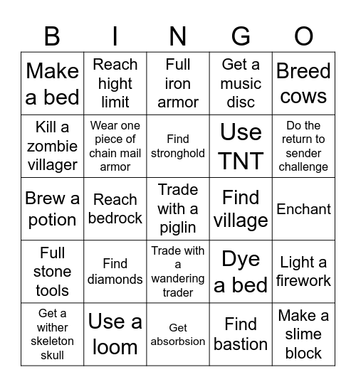 Minecraft Bingo Card