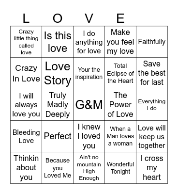 Love Songs Bingo Card