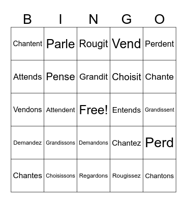 Verbs au Présent Bingo Card