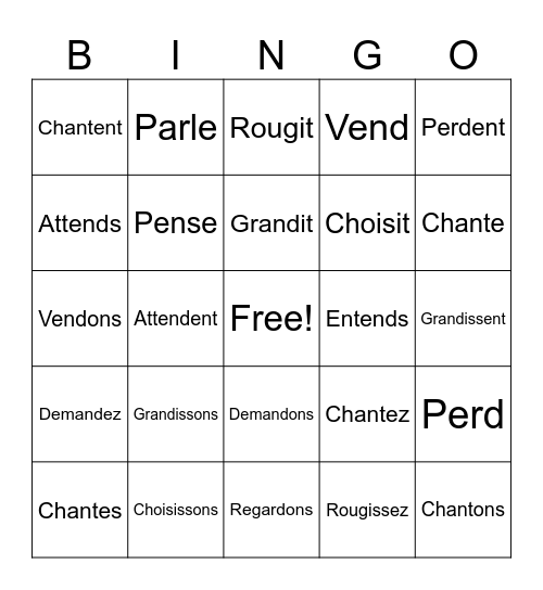 Verbs au Présent Bingo Card