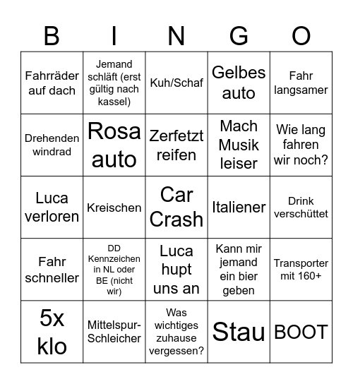 Autofahrt Bingo Card