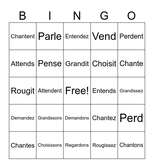 Verbs au Présent Bingo Card