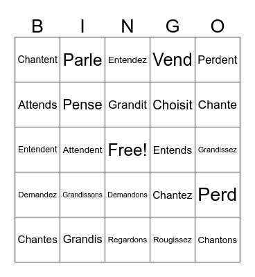 Verbs au Présent Bingo Card