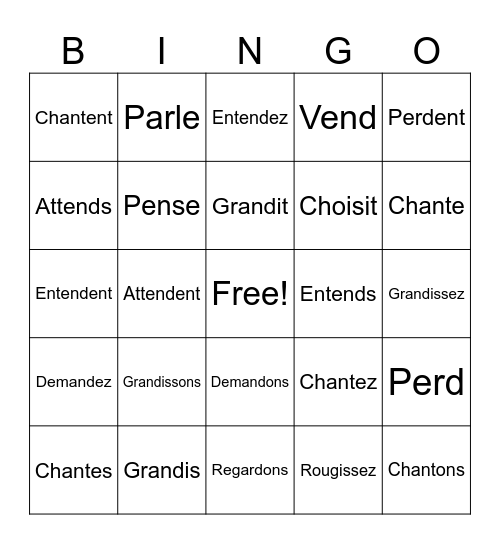 Verbs au Présent Bingo Card