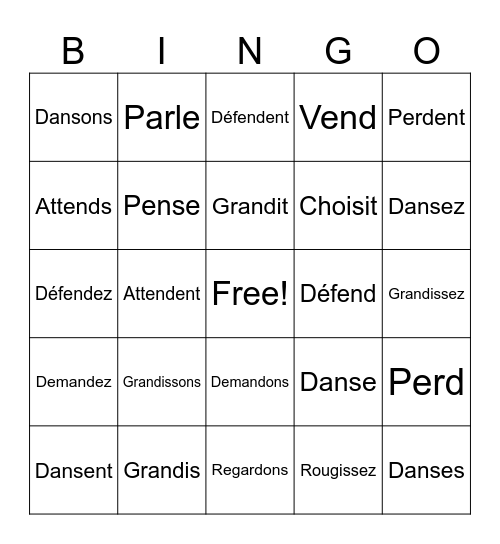 Verbs au Présent Bingo Card