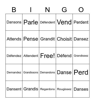 Verbs au Présent Bingo Card