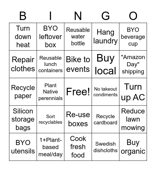 Sustainable Lifestyle Bingo Card