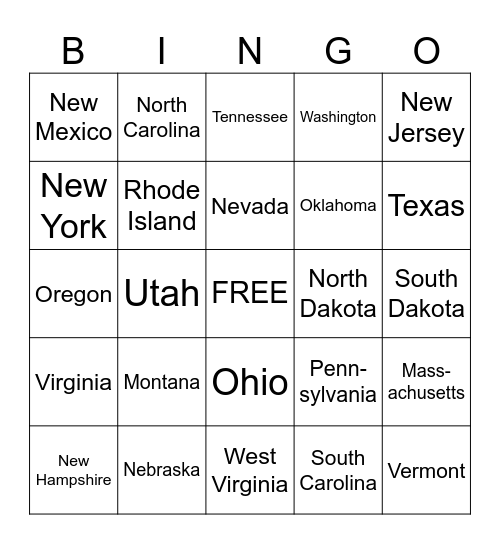50 states Bingo Card