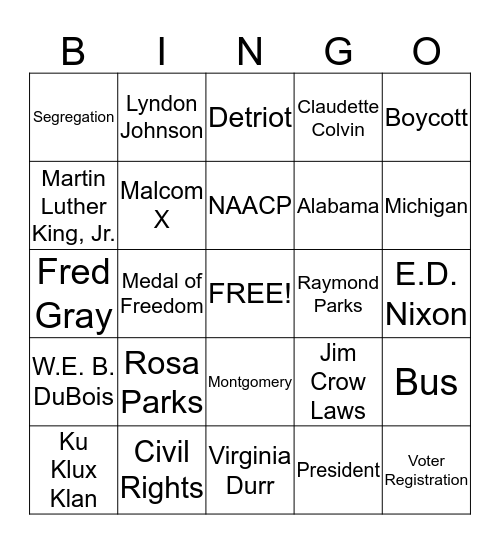 Rosa Parks Bingo Card