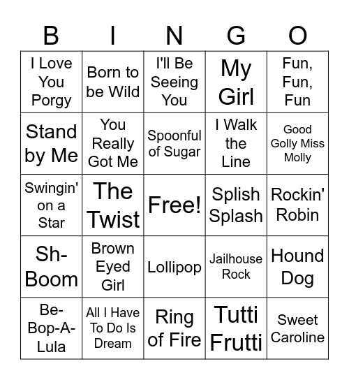 50's & 60's Music Bingo Card