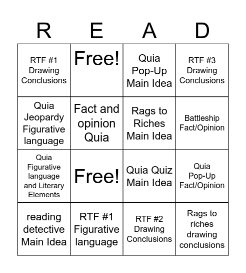 Reading Bingo Card