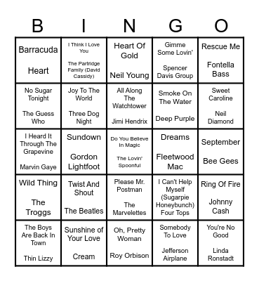 60's & 70's MUSIC Bingo Card