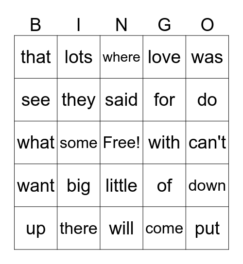 Sight Word Bingo Card