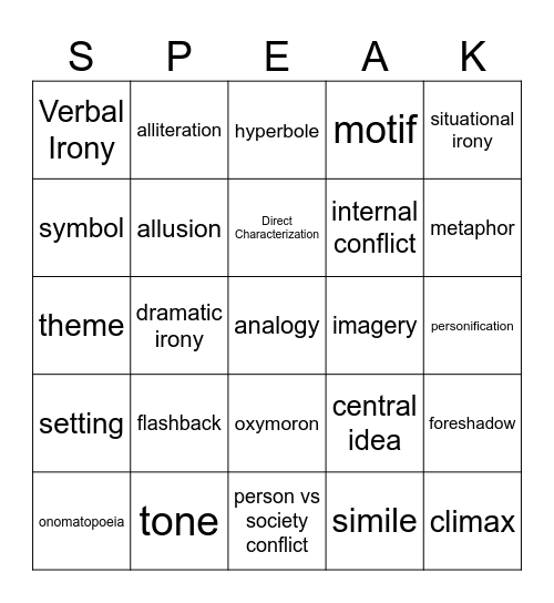 Lit Term Bingo Card