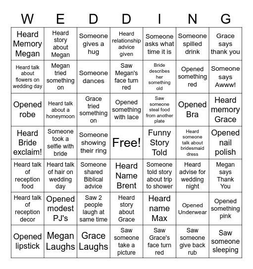 Grace and Megan Shower Bingo Card