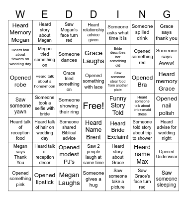 Grace and Megan Shower Bingo Card