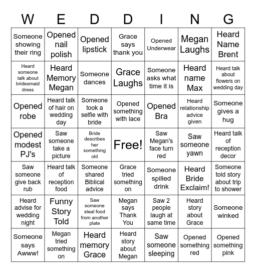 Grace and Megan Shower Bingo Card