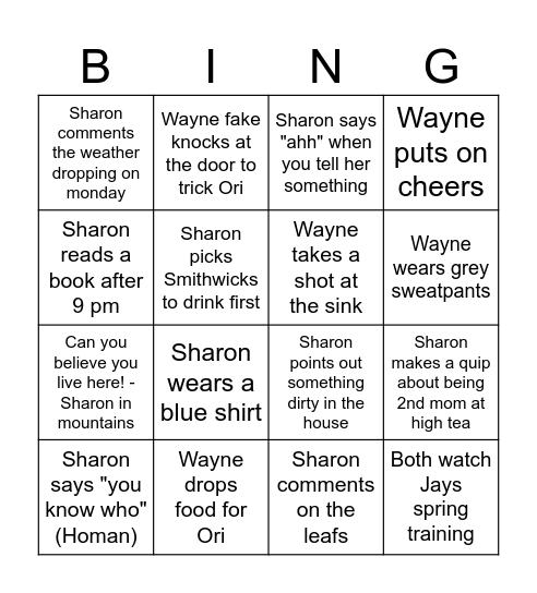 Sharon and Wayne Bingo Card