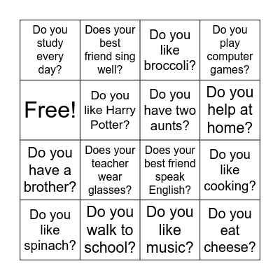 Bingo. Present simple questions Bingo Card