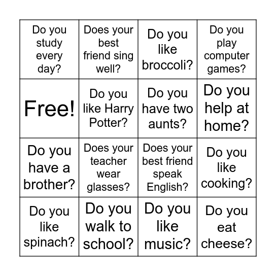 Bingo. Present simple questions Bingo Card