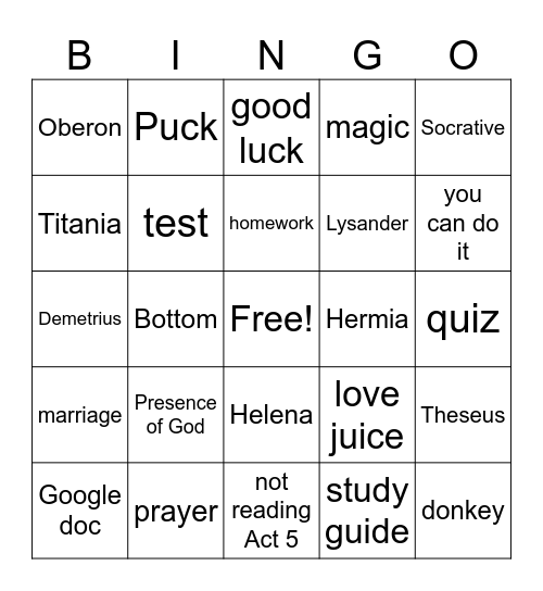 Midsummer Night's Dream, Act 4 Bingo Card